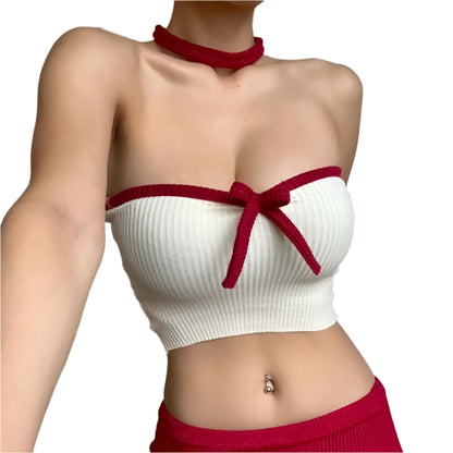 Y2K Patchwork Color Bow Stitching Tank Top Sexy Strapless Off Off Shoulder Backless Crop Tops Hot Sweet Slim Camis - Shop & Buy