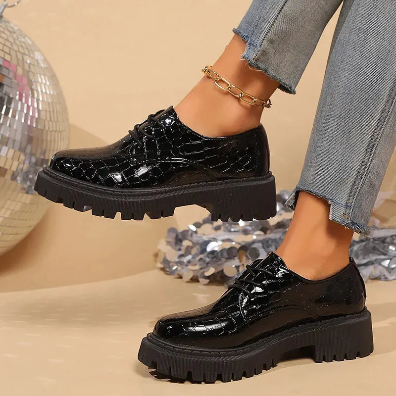 Women's Solid Color Chunky Platform Oxfords Fashion Lace Up Patent Leather Shoes Woman Round Toe Preppy Dressy Shoes - Shop & Buy