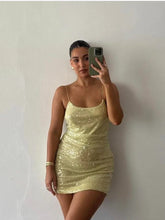 Load image into Gallery viewer, Women&#39;s Green Sequin Sleeveless Beach Sling Dresses Sexy Off Shoulder Slim Fit Mini Dress
