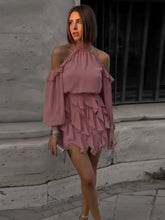 Load image into Gallery viewer, Women&#39;s Pink Chiffon Layered Spliced Mini Dress Sexy Off Shoulder Lantern Sleeves Halter Dresses
