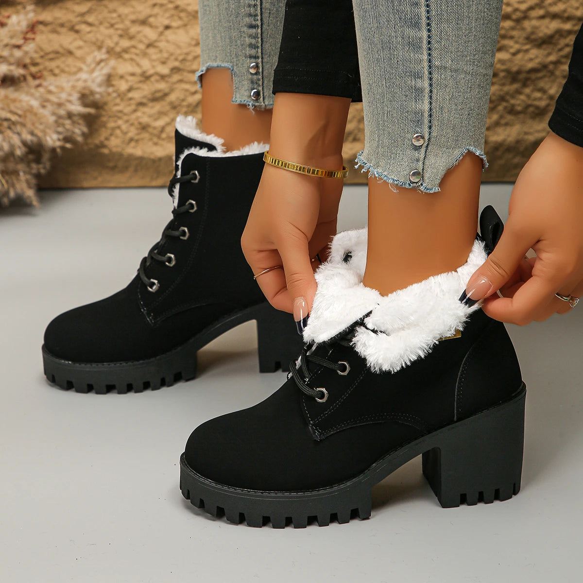 Women's Thicken Warm Plush Winter Boots Fashion Black Chunky Heeled Ankle Boots - Shop & Buy