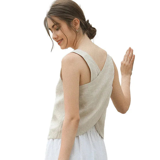 100% Linen Top Women Casual Solid Back Cross Patchwork Tank Top Summer Tops