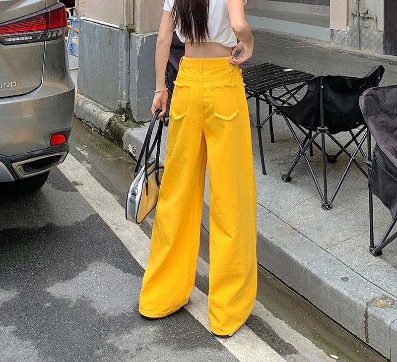 American Street Fashion Y2K Lemon Yellow Casual Jeans Women Summer New Straight Loose Wide Leg Floor Length Denim Pants