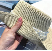 Load image into Gallery viewer, New Flat Top Straw Hat Pearl Decoration Leisure Summer Sunscreen Hat
