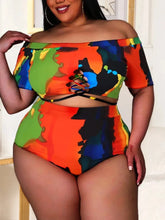 Load image into Gallery viewer, Plus Size Casual Swimsuit Set Women&#39;s Plus Colorful Painting Print Off Shoulder Criss Cross Top &amp; Panty Swimsuit Two Piece
