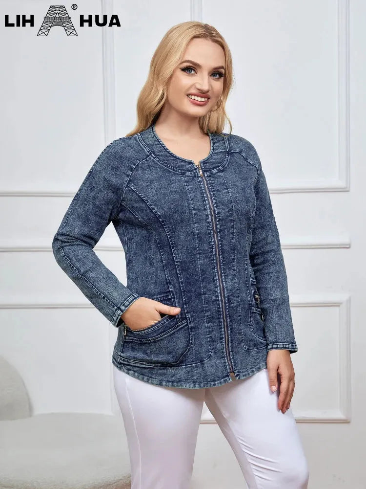 Women's Plus Size Denim Jacket Autumn Chic Elegant Jacket For Chubby Women Cotton Woven Jacket - Shop & Buy