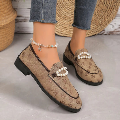 Pearl Chain Decor Women's Flats Fashion Embroidered Soft Sole Loafers Shoes for Women Summer Comfort Slip On Single Shoes