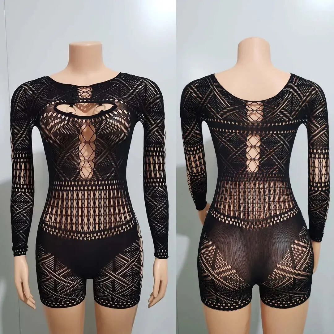 Women's Sexy Sheer Mesh Hollow Out Night Club Short Jumpsuit Rompers Long Sleeve Skinny Shorts Bodysuit One Piece Romper - Shop & Buy