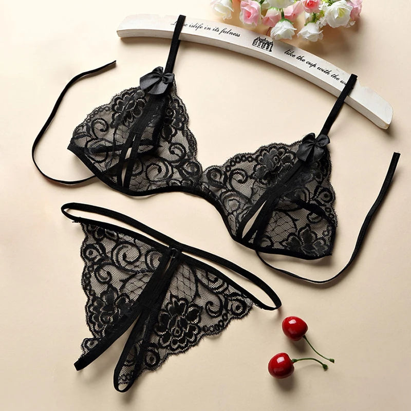 Women's Sexy Lingerie Two Piece Set Seductive Lace Floral Open Bra Panties - Shop & Buy