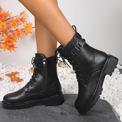 Women's Black Platform Ankle Boots Fashion Buckle Decor Lace Up Motorcycle Boots - Shop & Buy