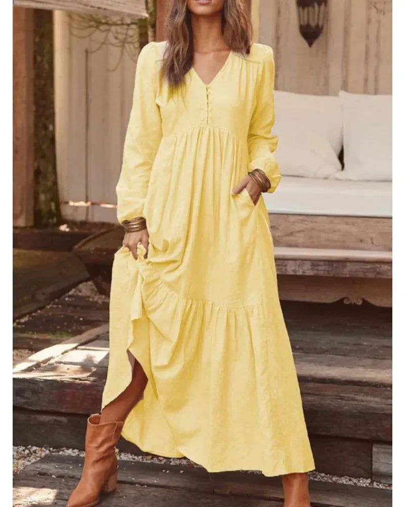 Women's Dresses Button Retro Casual Long Sleeved Long Skirts 2024 Autumn Winter New Solid Color Plus Size Female Clothing - Shop & Buy