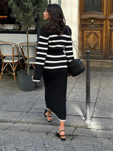 Load image into Gallery viewer, Elegant Stripes Split Long Sleeve Knitted Dress Women Fashion Round Neck Black White Dresses
