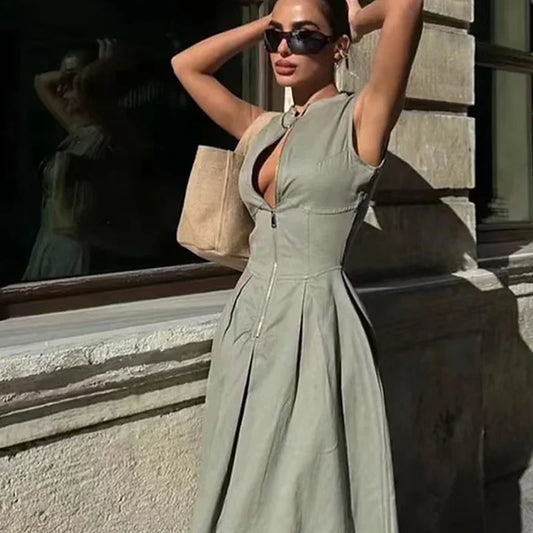 Pleated Spliced Dress Women Fashion Sleeveless Zipper Maxi Dresses Summer O-Neck Slim High Waist Vestidos Office Lady Robes