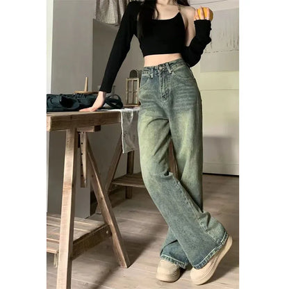 Vintage 90S Baggy Straight Denim Trousers Female Y2K High Waist Loose Wide Leg Jeans