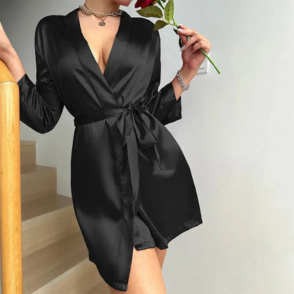 Womens V-Neck Sexy Silk Robe With Belt Short Satin Kimono Robe Sleepwear - Shop & Buy