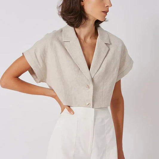 100% Linen Women'S Shirt Vintage Notched Collar Short Sleeve Button Up Shirts Elegant Fashion Woman Blouses