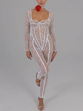 Load image into Gallery viewer, Sexy See Through Lace Floral Women Jumpsuit White Long Sleeve Hollow Out Jumpsuit
