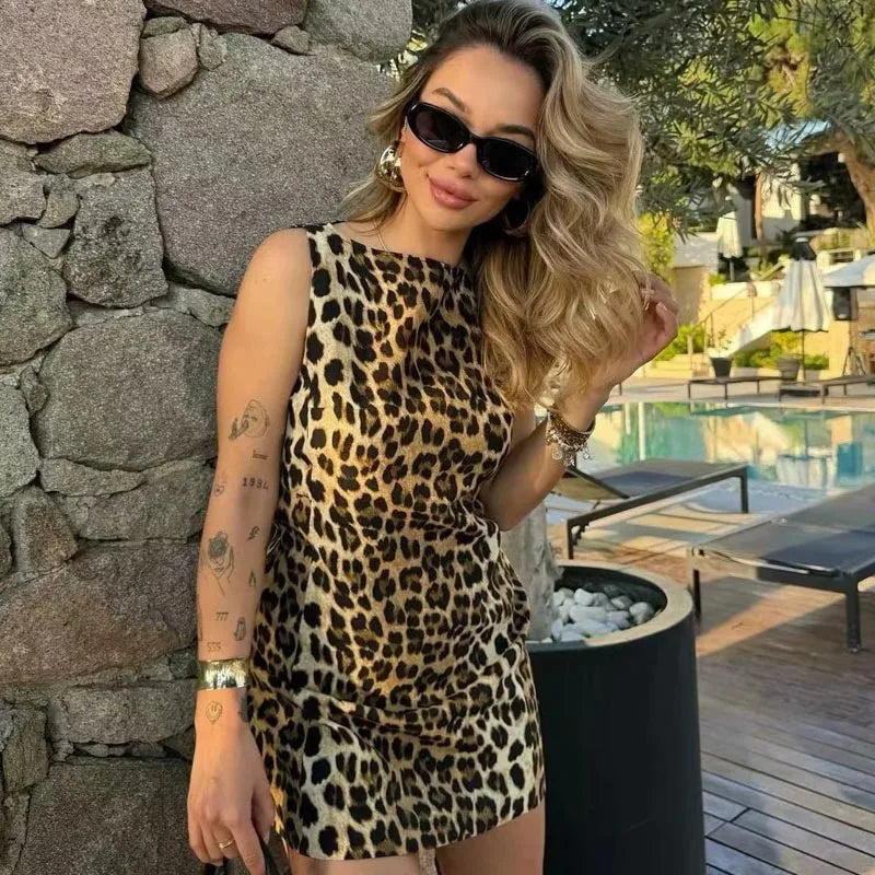 Mini Leopard Print Dresses Women's Summer Sundresses Ladies O-Neck Sleeveless Short Dress