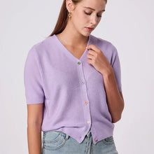 Load image into Gallery viewer, Women Summer V Neck Thin Knitted Cropped Cardigan Short Sleeve Knit Cardigan Color Buttons
