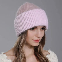 Load image into Gallery viewer, New Fashion Color Splicing Knitted Women&#39;s Hats Warmth Angora Rabbit Fur Hat Winter Beanie for Lady Adult Female Cap
