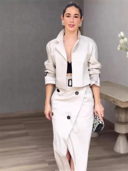 2 Piece Sets Women New Versatile Casual Long Sleeved Workwear Temperament Button Belt Set Skirt