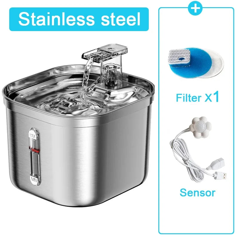 2.2L/73oz Cat Water Fountain Stainless Steel Pet Water Fountain for Cats Inside 1Filters&Ultra-Quiet Pump Dog Pet Water Fountain