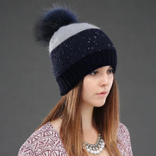 Load image into Gallery viewer, Women Hat Winter Sequins Knitted Rabbit Fur Beanies Fashion Warm Casual Hats With Natural Raccoon Fur Pompom Cap
