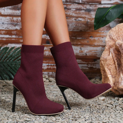 Women's Sexy Stiletto Heel Sock Boots Solid Color Square Toe Stretch Slip On Booties - Shop & Buy