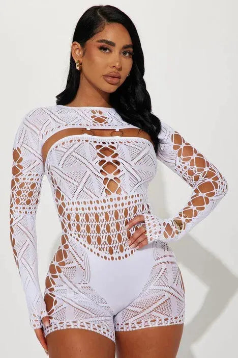 Women's Sexy Sheer Mesh Hollow Out Night Club Short Jumpsuit Rompers Long Sleeve Skinny Shorts Bodysuit One Piece Romper - Shop & Buy