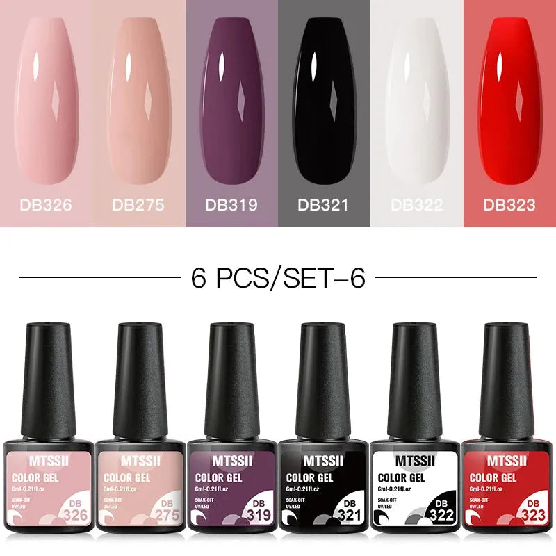 6PCS/Set Red Gel Nail Polish Set Glitter Sequins Semi Permanent Base Matte Top Coat Soak Off LED UV Nail Art Gel Varnish - Shop & Buy