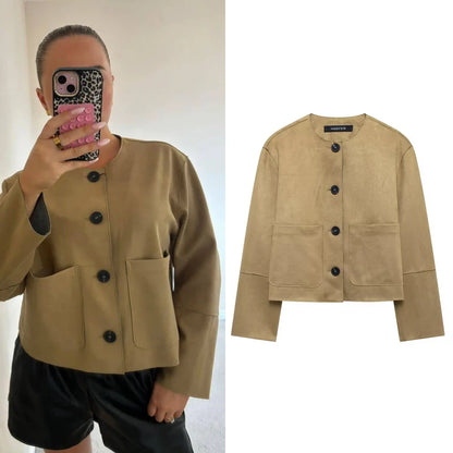 Crop Suede Jacket Women's Jacket Autumn Short Vintage Jacket Ladies Big Pockets O-Neck Long Sleeve Coats New In Outerwears