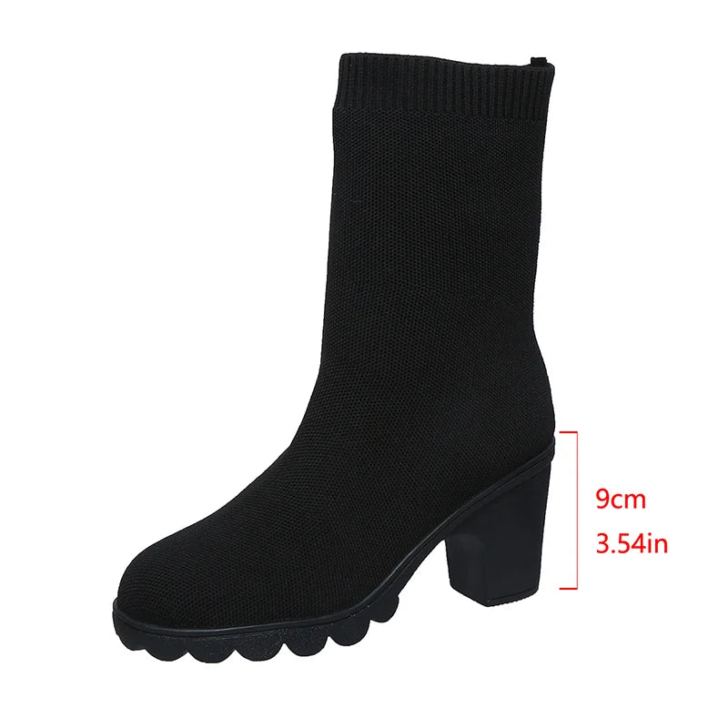 Women's Mid-Calf Knit Sock Boots Autumn Thick Heeled Slip On Slim Boots - Shop & Buy