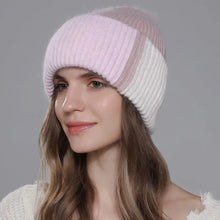 Load image into Gallery viewer, New Fashion Color Splicing Knitted Women&#39;s Hats Warmth Angora Rabbit Fur Hat Winter Beanie for Lady Adult Female Cap
