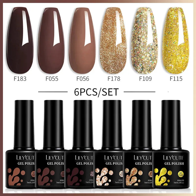 6Pcs/Set Gel Nail Polish Set 7ML Autumn Winter Coffee Color Series Semi Permanent UV Gel Chocolate Nail Art Gel Kit - Shop & Buy