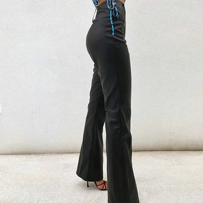 Spring High Waist Vintage PU Leather Flare Pants Women Slim Trend Bell-bottom Pants Office Lady Casual Trousers