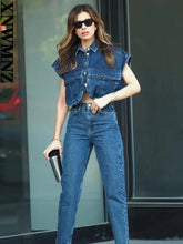 Load image into Gallery viewer, Women Fashion Pockets Cropped Denim Shirts Sexy Sleeveless Button-up Female Blouses Chic Top
