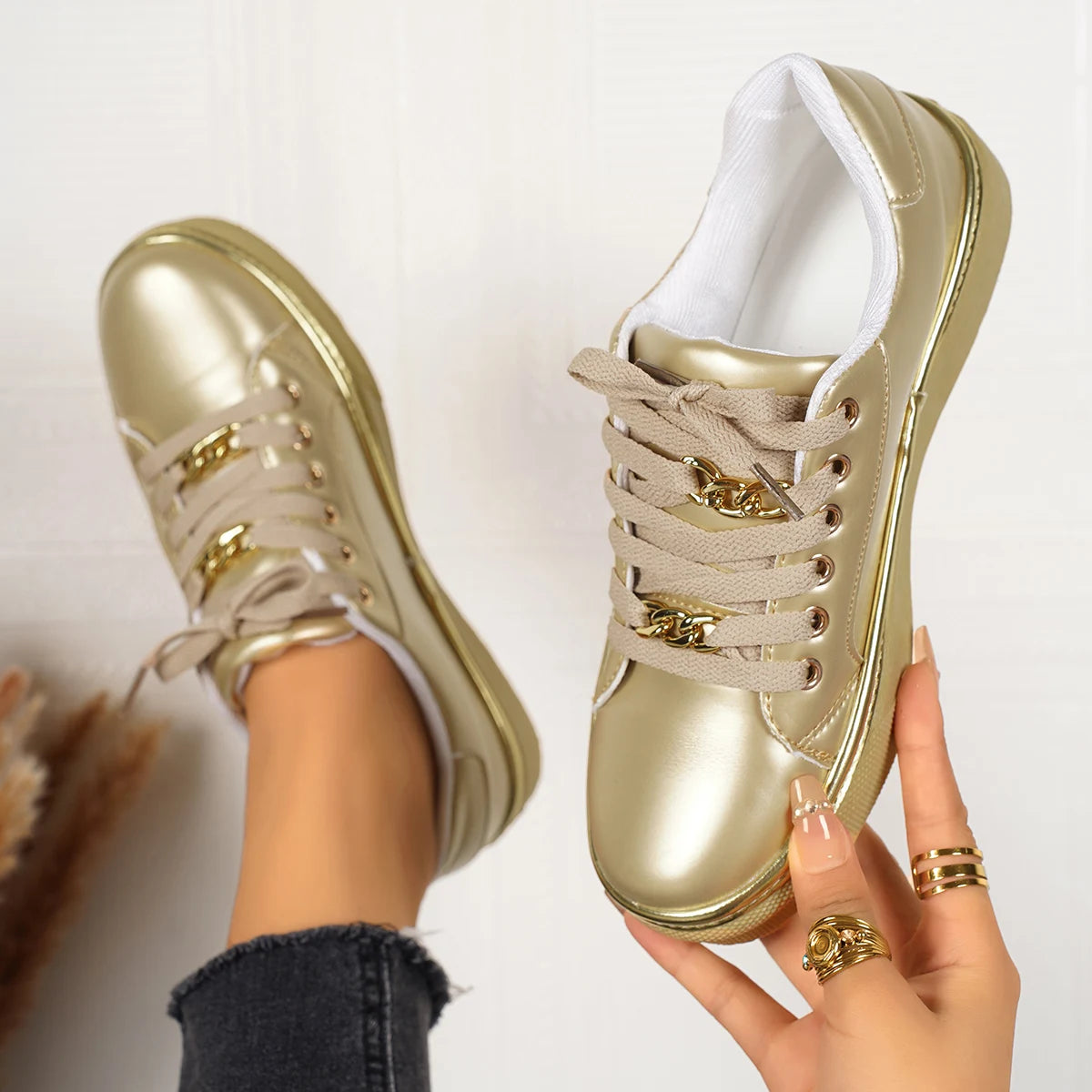 Fashion Gold Flat Sneakers for Women Lace Up Soft Bottom Casual Sports Shoes Woman Chain Decor Comfortable Walking Flats Shoes