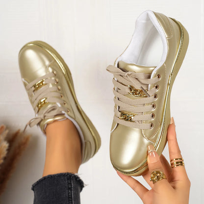 Fashion Gold Flat Sneakers for Women Lace Up Soft Bottom Casual Sports Shoes Woman Chain Decor Comfortable Walking Flats Shoes