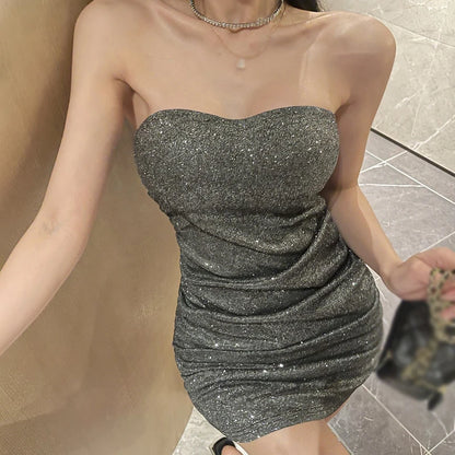 Women's Sequins Bandeau Dress Sexy Pleated Backless with Bra Pads Party Dress Nightclub Bodycon Dress - Shop & Buy