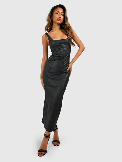 Women Black Matte Leather Tank Dress Back Hem Split Elegant Stretch PU Bodycon Maxi Dess Ladies Slim Square Neck Dress