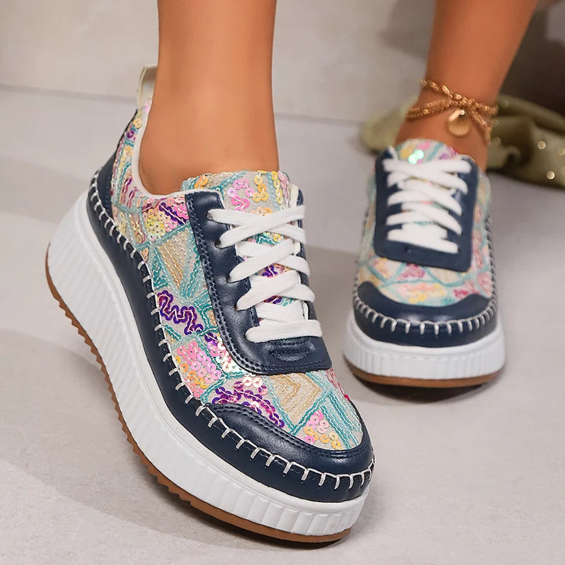 Fashion Colored Sequins Platform Sneakers Women Thick Bottom Lace Up Walking Shoes Woman Comfort Non Slip Sports Shoes Ladies