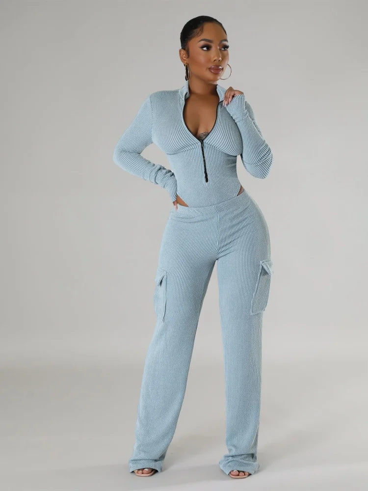 Women Two-piece Elastic Twisted Strip High Waisted Long Sleeved Jumpsuit Work Pants Set