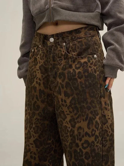 Leopard Jeans Women Denim Pants Female Oversize Wide Leg Trousers Streetwear