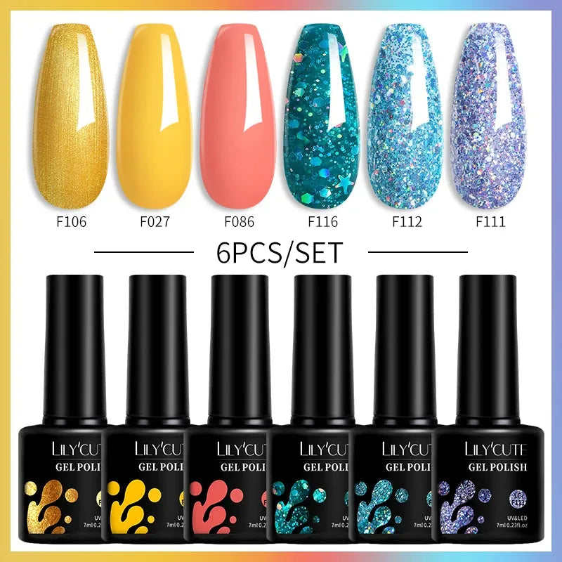 6PCs/Set Gel Nail Polish Set Kit Glitter Nail Gel Sequin Vernis Semi Permanent For Manicure Varnish UV LED Nail Art Gel - Shop & Buy