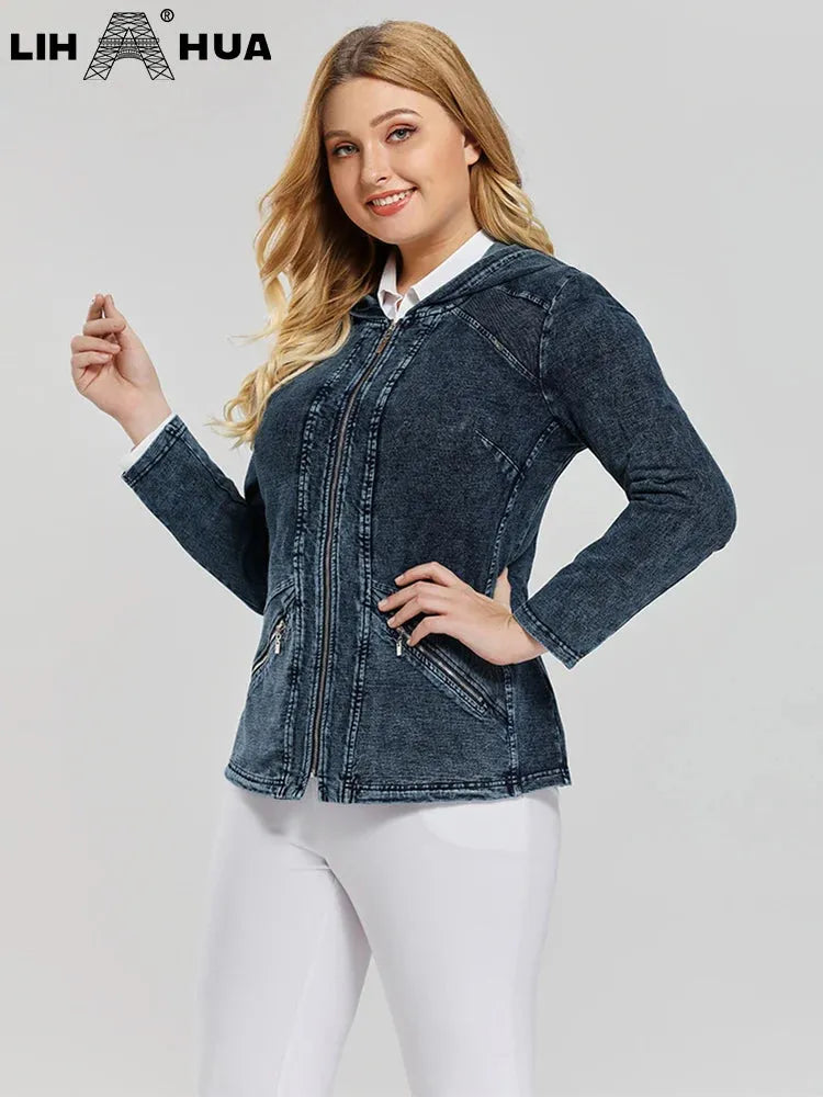 Women's Plus Size Hooded Denim Jacket Fall Stretch Cotton Knit Long Sleeve Casual Jacket - Shop & Buy