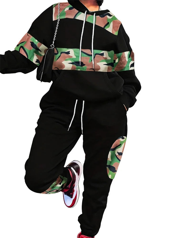 2 Piece Sets Women Clothing Autumn Winter Fashion Camouflage Splicing Casual Sports Pants Set