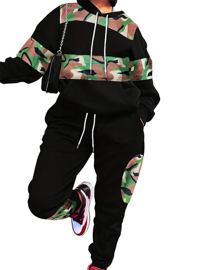 2 Piece Sets Women Clothing Autumn Winter Fashion Camouflage Splicing Casual Sports Pants Set