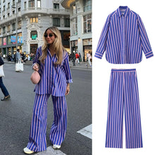 Load image into Gallery viewer, New summer style striped loose stand-up collar shirt high-waisted straight trousers
