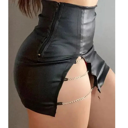 Women Black Matte Leather Mini Skirts Ladies Stretch PU Skirts with Chain Sexy Slim Wrap Hip Skirts Party Clubwear