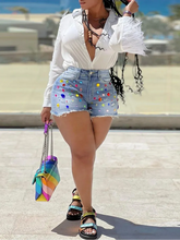 Load image into Gallery viewer, Plus Size shorts Bead Decor Raw Edge Denim Shorts Women Fashion Denim Shorts
